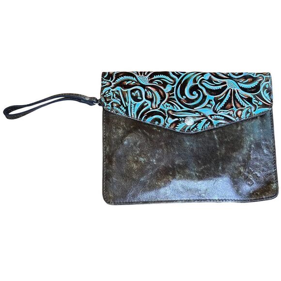 Patricia Nash Valerie Turquoise Tooled Leather Clutch Wristlet - Picture 1 of 5